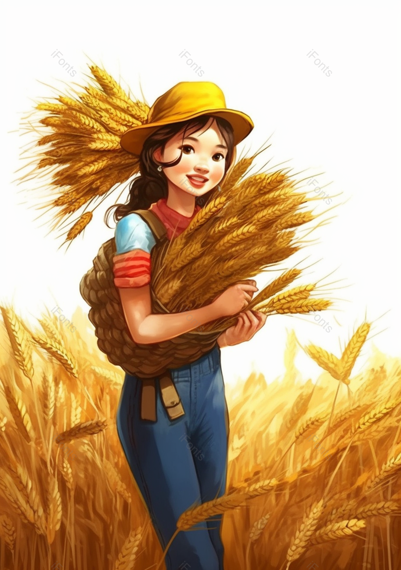 女孩一个人再麦田中收割收获麦子麦穗秋季丰收金色插画,插画/手绘图,插画/手绘图库,插画/手绘图下载,插画/手绘